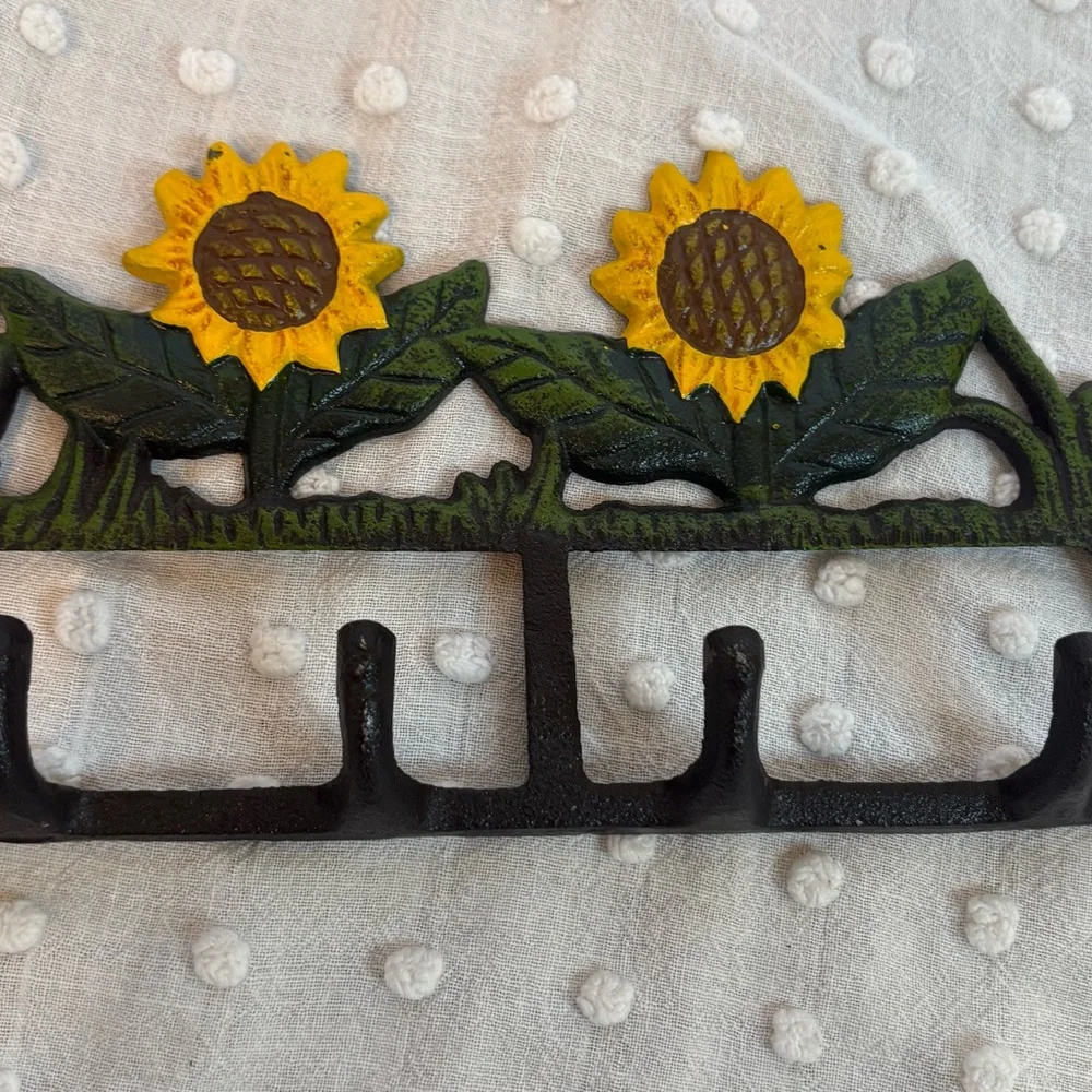 VINTAGE Farmhouse Cast Iron HOOK WALL HANGER Sunflowers